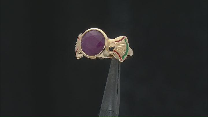 Indian Ruby & Enamel 18K Yellow Gold Over Sterling Silver Ring 2.70ct Video Thumbnail