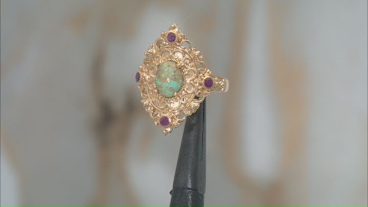 LaBonita Turquoise & Indian Ruby 18K Yellow Gold Over Sterling Silver Ring 0.16ctw Video Thumbnail