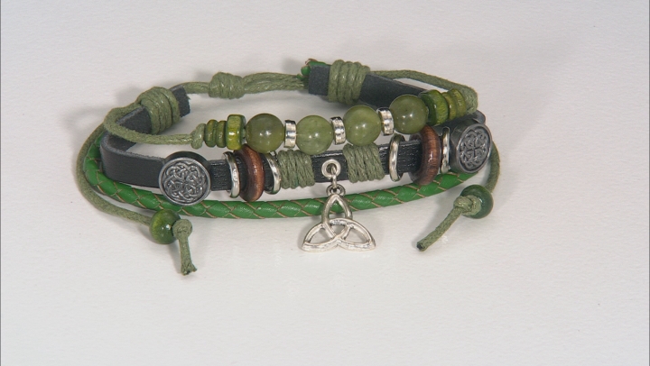 Green Connemara Marble Rhodium Over Brass Leather Charm Bracelet Video Thumbnail
