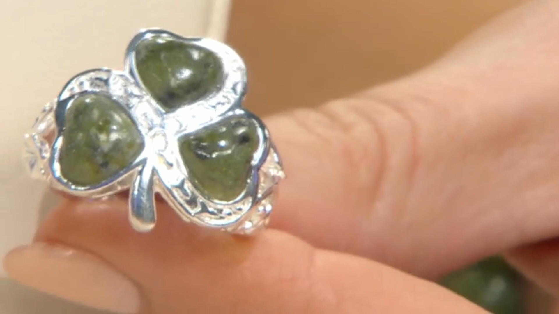 Green Connemara Marble Sterling Silver Shamrock Ring Video Thumbnail