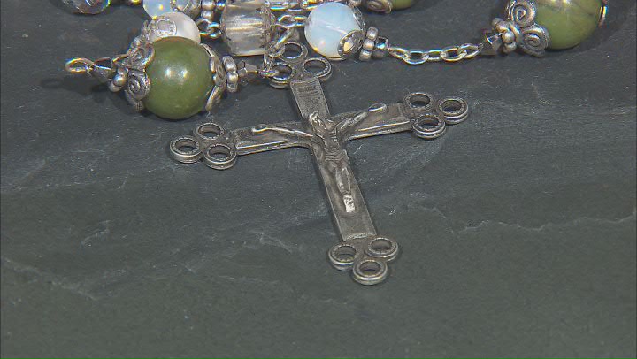 Green Connemara Marble With Multi-Color Glass Beads Silver-Tone St. Michael Protection Rosary