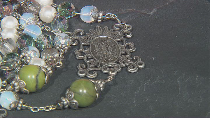 Green Connemara Marble With Multi-Color Glass Beads Silver-Tone St. Michael Protection Rosary