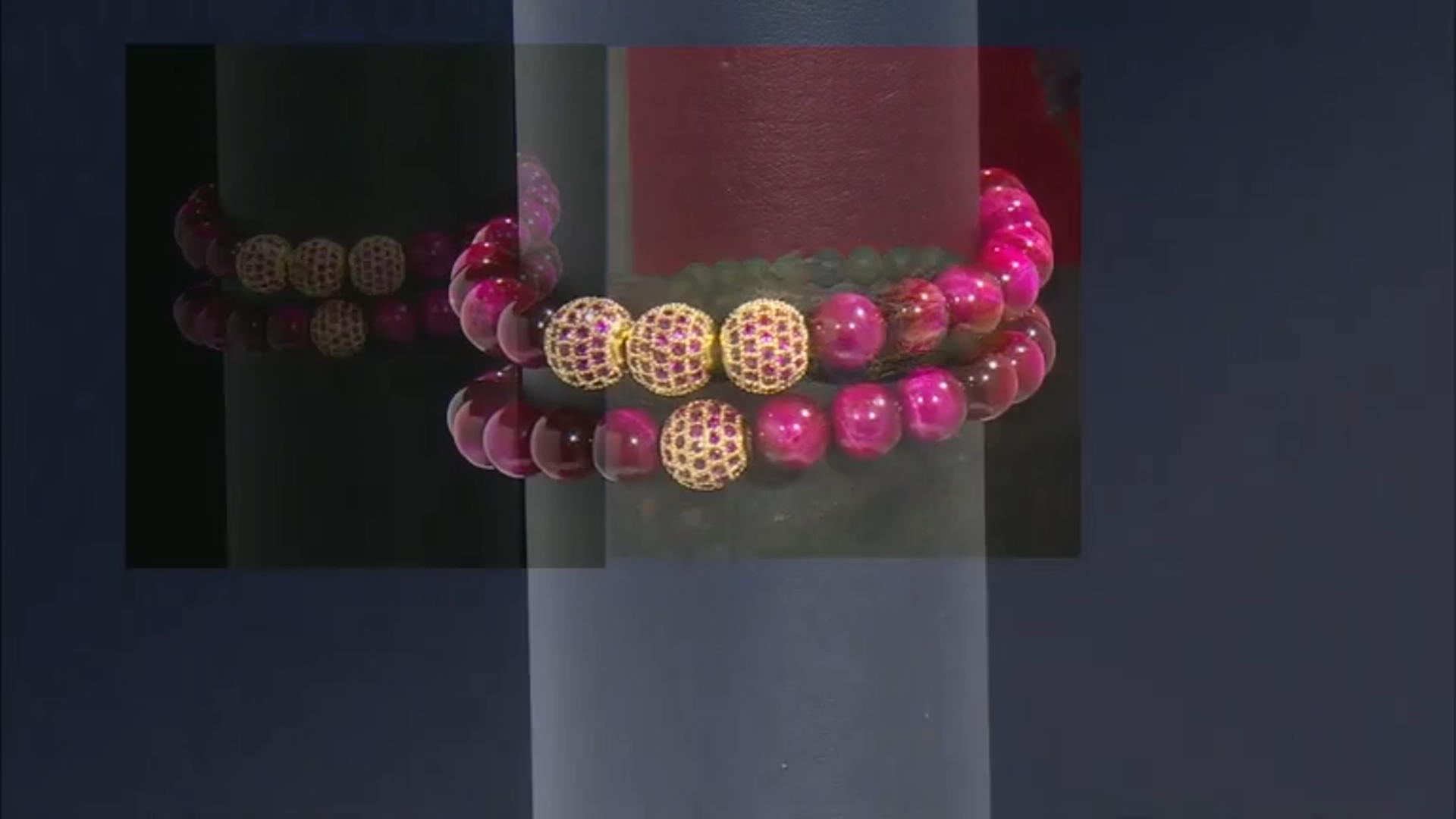 Pink Tigers Eye and Pink Crystal Gold-Tone Set of 2 Stretch Bracelets Video Thumbnail