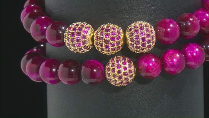 Pink Tigers Eye and Pink Crystal Gold-Tone Set of 2 Stretch Bracelets Video Thumbnail