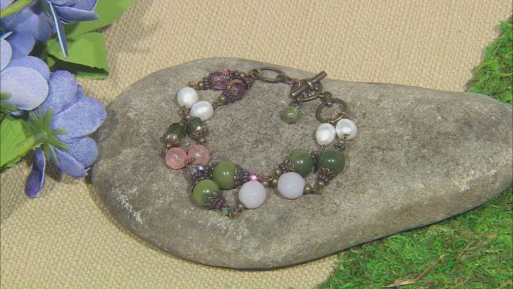 Green Connemara Marble, Crystal & Cultured Freshwater Pearl Gold Tone Bracelet Video Thumbnail