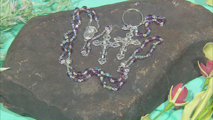Purple Crystal Silver Tone Rosary and Key Chain Set Video Thumbnail