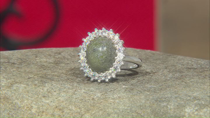 Green Connemara Marble and White Cubic Zirconia Silver Tone Ring. Video Thumbnail