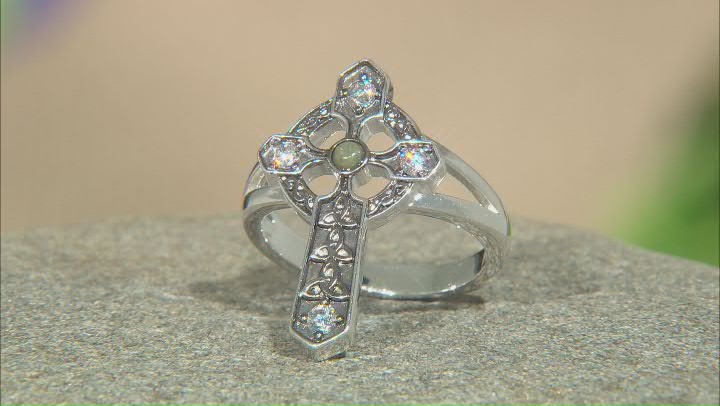 Green Connemara Marble and Cubic Zirconia Silver-Tone Over Brass Cross Ring