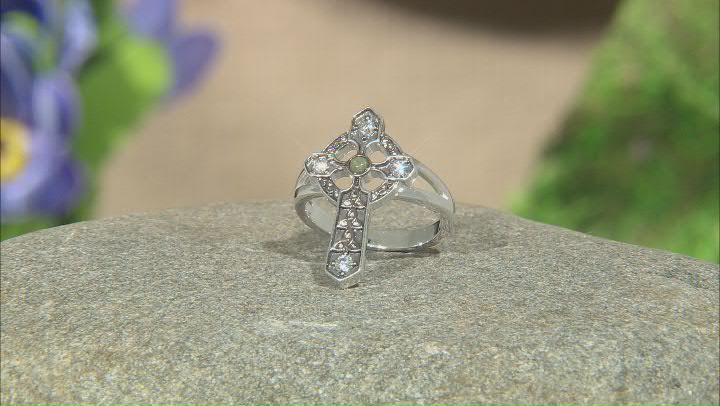 Green Connemara Marble and Cubic Zirconia Silver-Tone Over Brass Cross Ring Video Thumbnail