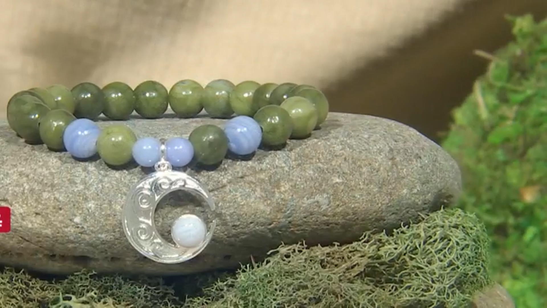 Blue Lace Agate & Green Connemara Marble Silver Tone Over Moon Stretch Bracelet