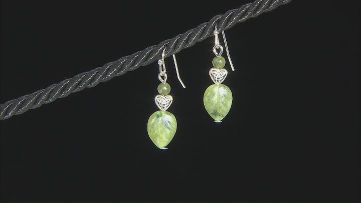 Green Connemara Marble Silver Tone Green Carved Leaf Dangle Earrings Video Thumbnail