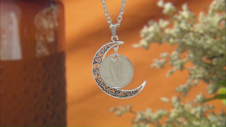 Moon and Coin Silver Tone Pendant With Chain Video Thumbnail