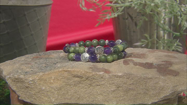 Amethyst and Connemara Marble Set of 2 Celtic Knot Stretch Bracelets Video Thumbnail