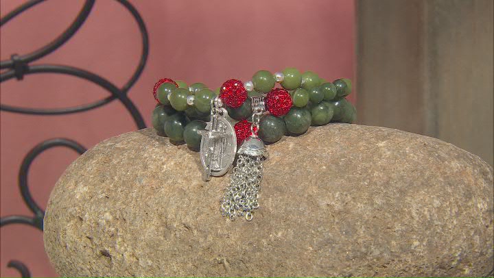 Connemara Marble and Red Crystal Silver Tone Set of 3 Bracelets Video Thumbnail