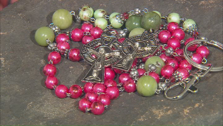 Connemara Marble, Red Crystal, Multi Color Bead Silver Tone Rosary & Key Chain Set Video Thumbnail