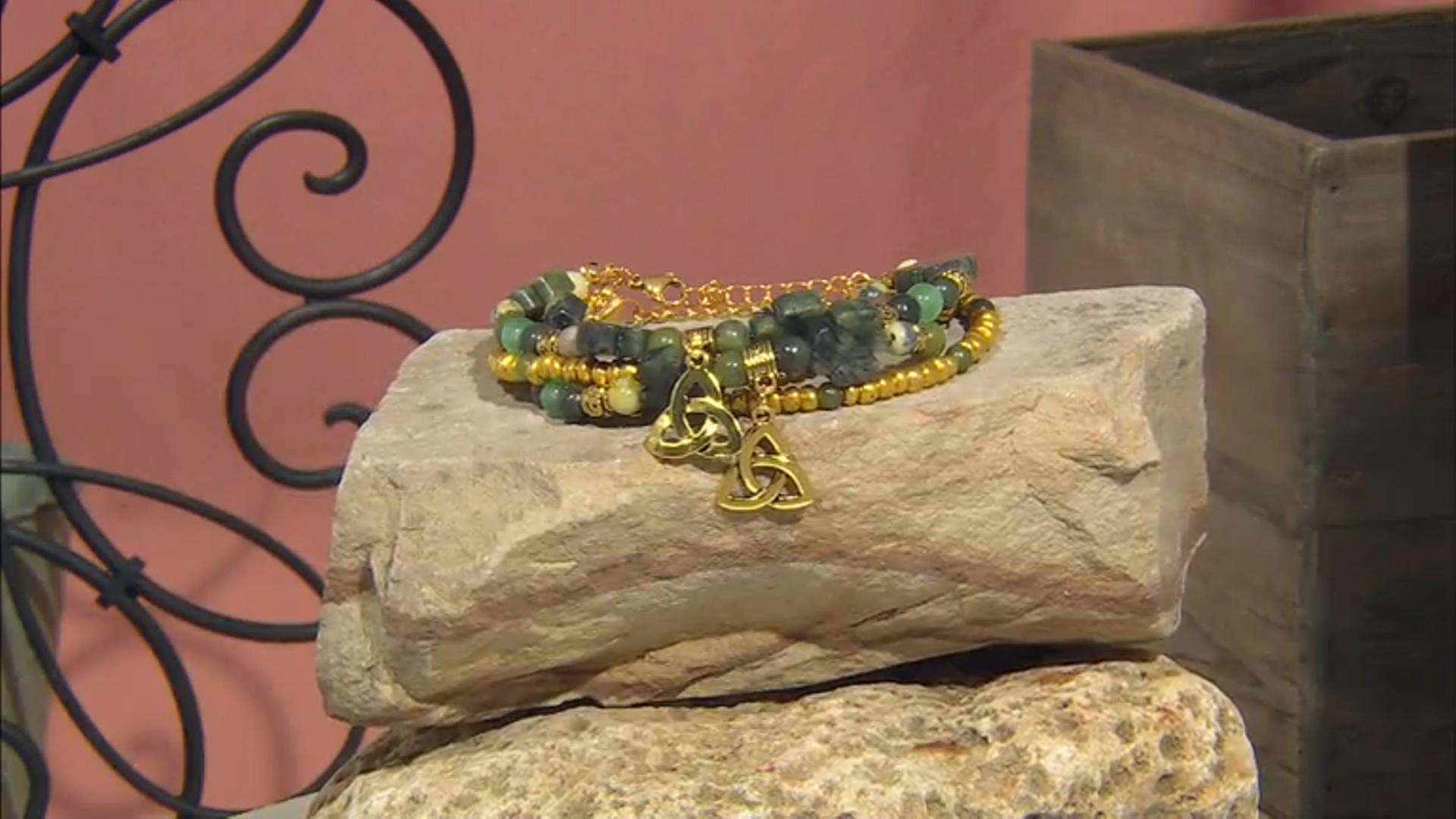 Connemara Marble & Green Quartz Gold Tone Set of Two Clover Bracelets Video Thumbnail
