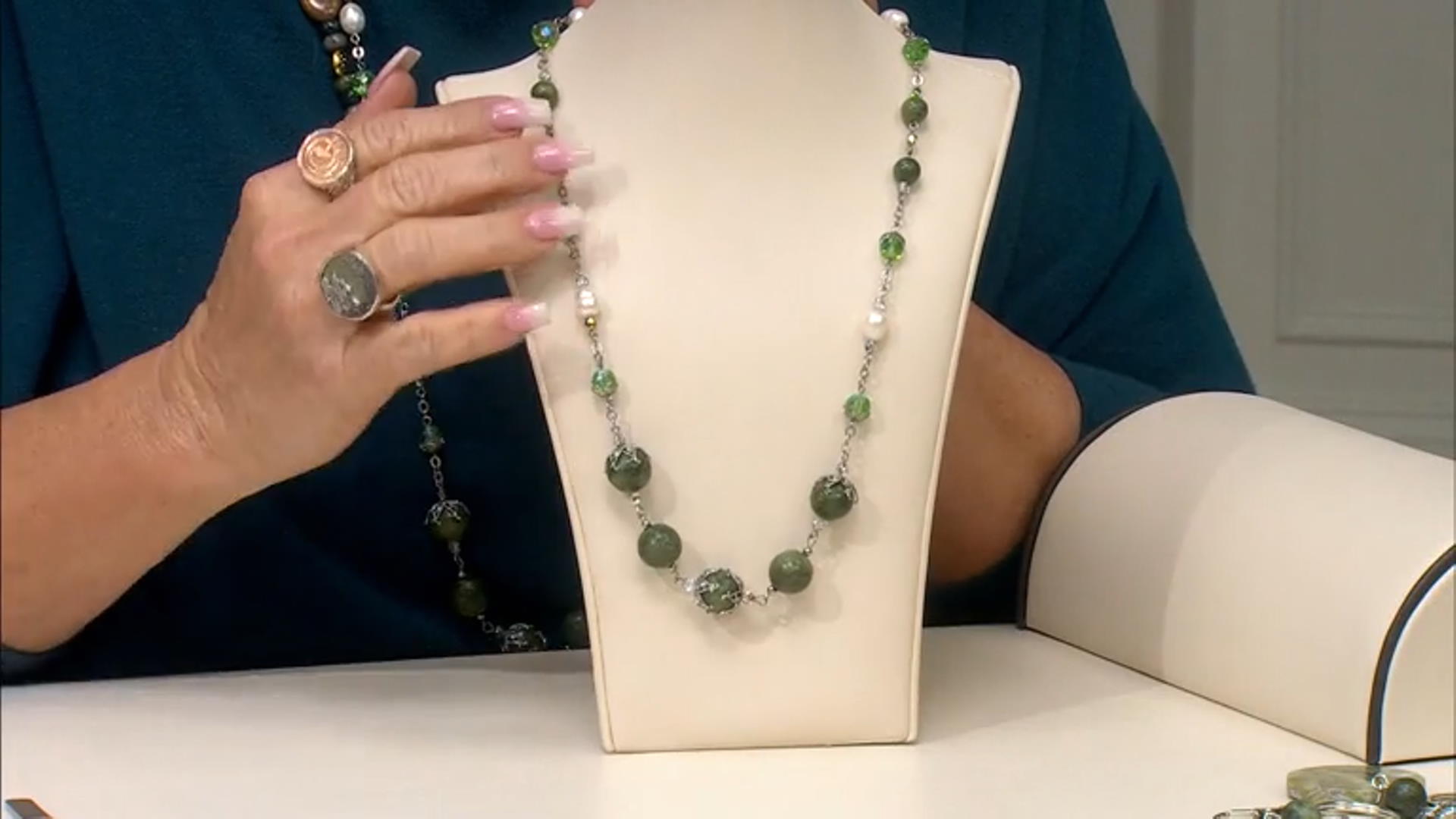Cultured Fresh Water Pearl, Connemara Marble, & Glass Silver Tone Over Brass Station Necklace Video Thumbnail
