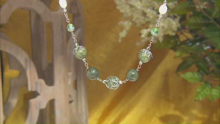 Cultured Fresh Water Pearl, Connemara Marble, & Glass Silver Tone Over Brass Station Necklace Video Thumbnail