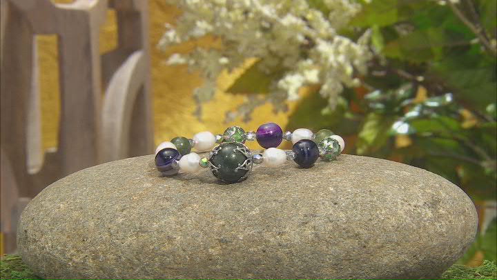Green Marble, Cultured Freshwater Pearls, and Glass, Silver Tone Station Bracelet Set of 2 Video Thumbnail