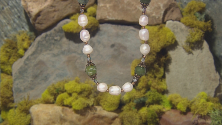 Cultured Freshwater Pearl, Marble, & Crystal Antique Tone Necklace Video Thumbnail