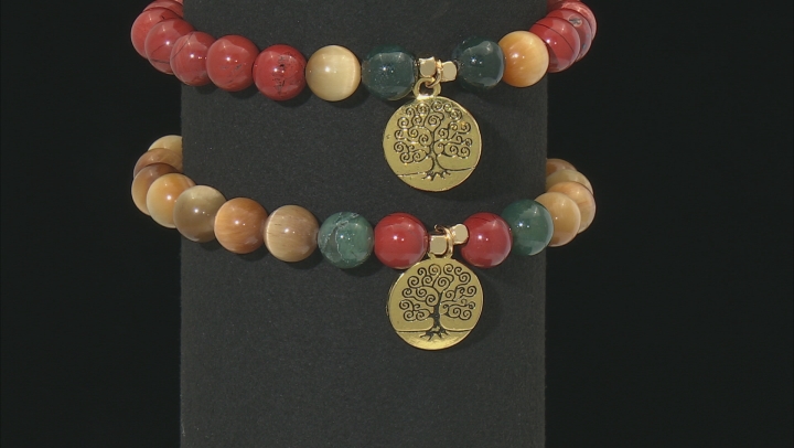Red Jasper, Green Moss Agate & Tigers Eye Quartz Gold Tone Set of 2 Bracelets Video Thumbnail