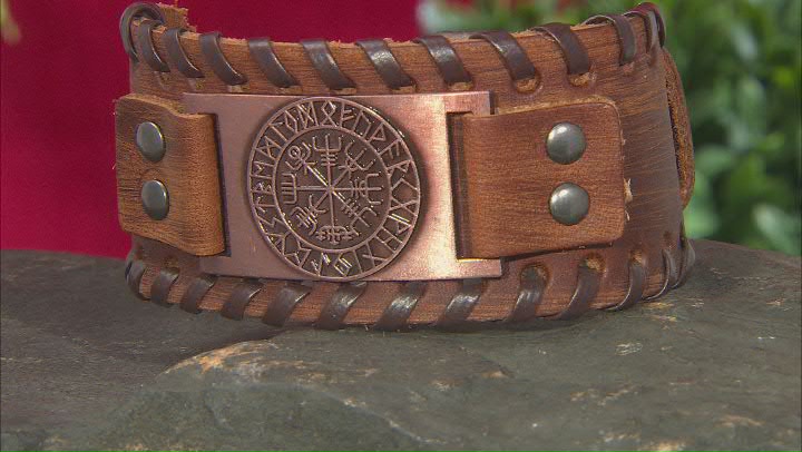 Brown Leather With Silver Tone Plate Mens Viking Bracelet Video Thumbnail