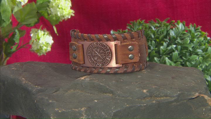 Brown Leather With Silver Tone Plate Mens Viking Bracelet Video Thumbnail