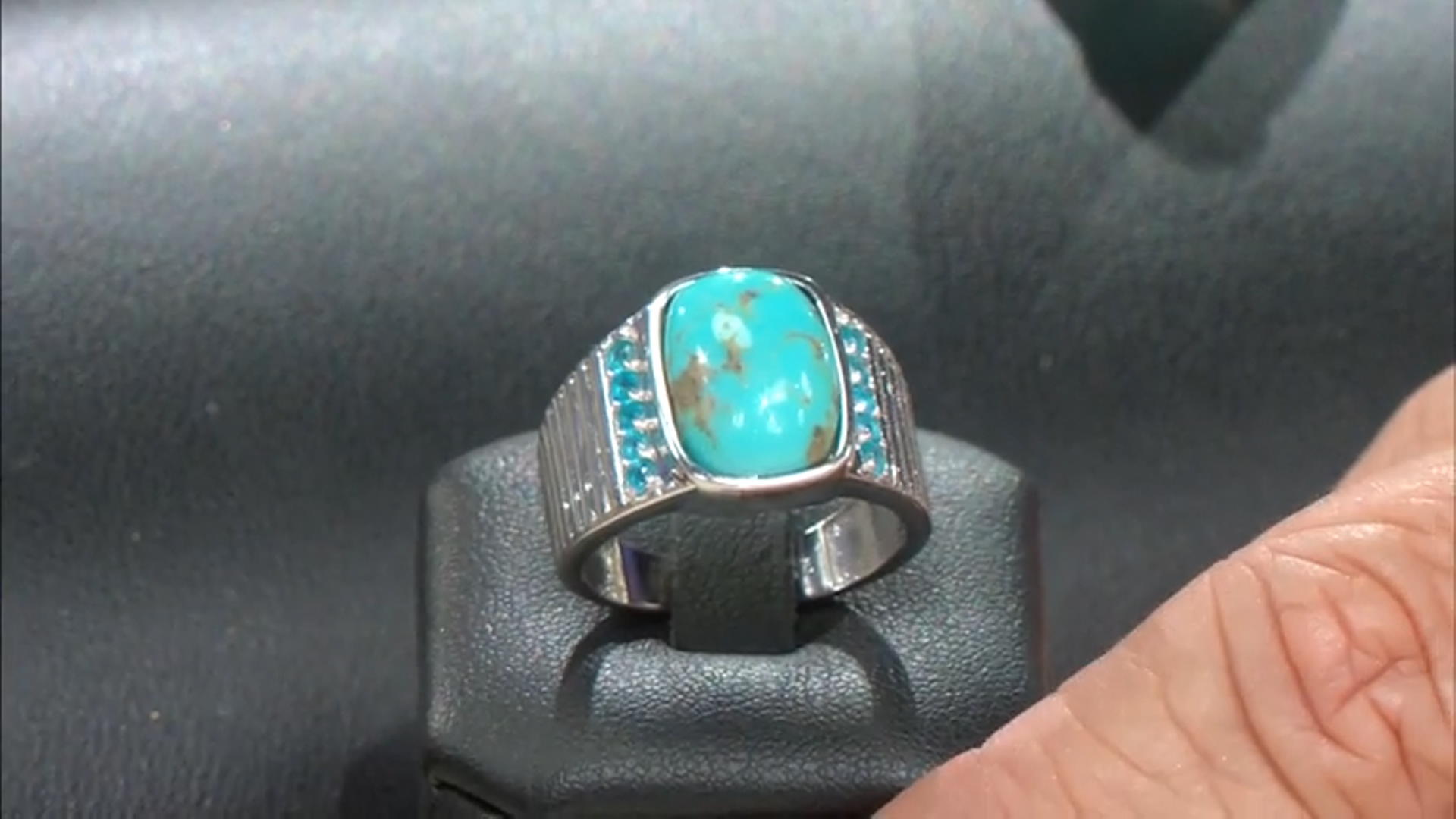 Kingman Turquoise Rhodium Over Sterling Silver Men's Ring 0.35ctw Video Thumbnail