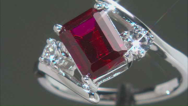 Red Lab Created Ruby Rhodium Over Silver 3-Stone Ring 2.72ctw Video Thumbnail