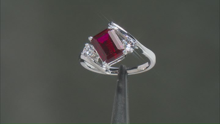 Red Lab Created Ruby Rhodium Over Silver 3-Stone Ring 2.72ctw Video Thumbnail