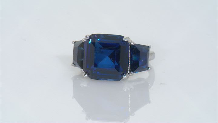 Blue Lab Created Sapphire Rhodium Over Sterling Silver 3-Stone Ring 10.54ctw Video Thumbnail