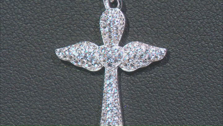 White Lab Created Sapphire Rhodium Over Sterling Silver Cross Pendant With Chain .50ctw Video Thumbnail