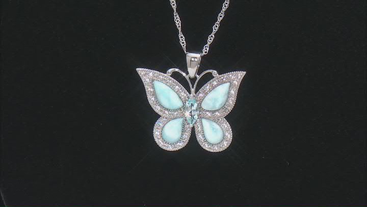 Larimar Rhodium Over Sterling Silver Butterfly Pendant With Chain 1.03ctw Video Thumbnail