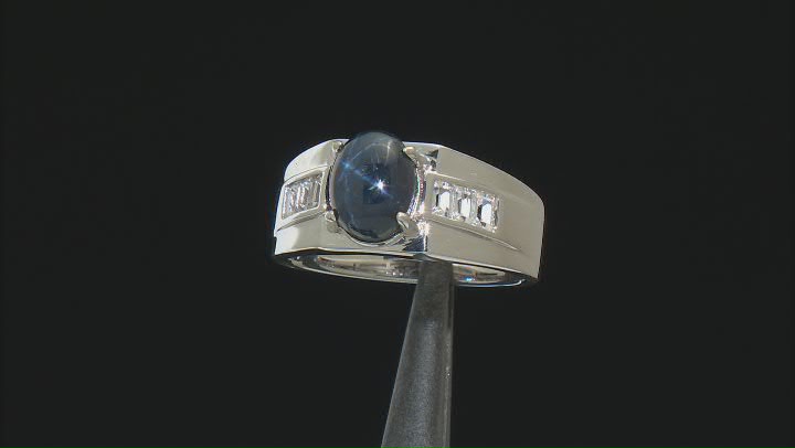 Blue Star Sapphire Rhodium Over Sterling Silver Men's Ring 0.47ctw Video Thumbnail