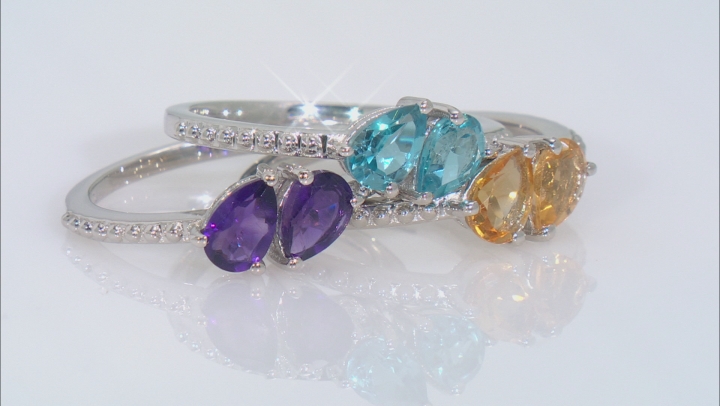 African Amethyst, Citrine And Swiss Blue Topaz  Rhodium Over Sterling Silver Ring Set Of 3 2.24ctw Video Thumbnail