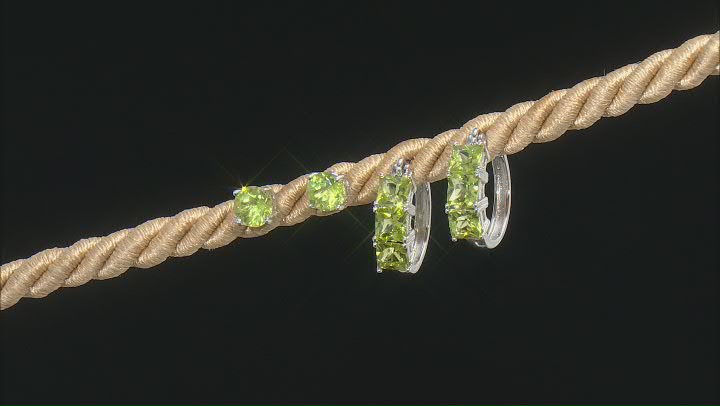 Green Peridot Rhodium Over Sterling Silver Stud And Hoop Earring Set 3.30ctw Video Thumbnail