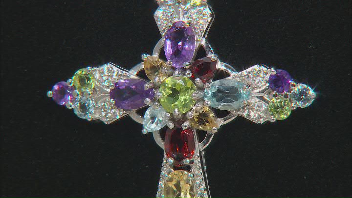Multi-Gemtsone Rhodium Over Sterling Silver Cross Pendant With Chain 5.18ctw Video Thumbnail