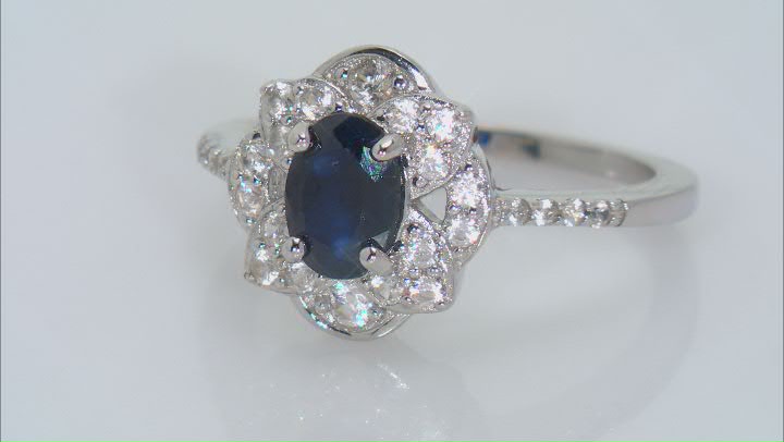 Blue Sapphire Rhodium Over Sterling Silver Ring 1.32ctw Video Thumbnail