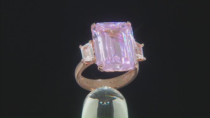 Pink And White Cubic Zirconia Rose Tone Emerald Cut Ring 32.80CTW