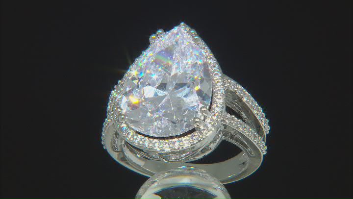 White Pear Shaped Cubic Zirconia Silver Tone Statement Ring 17.00ctw Video Thumbnail