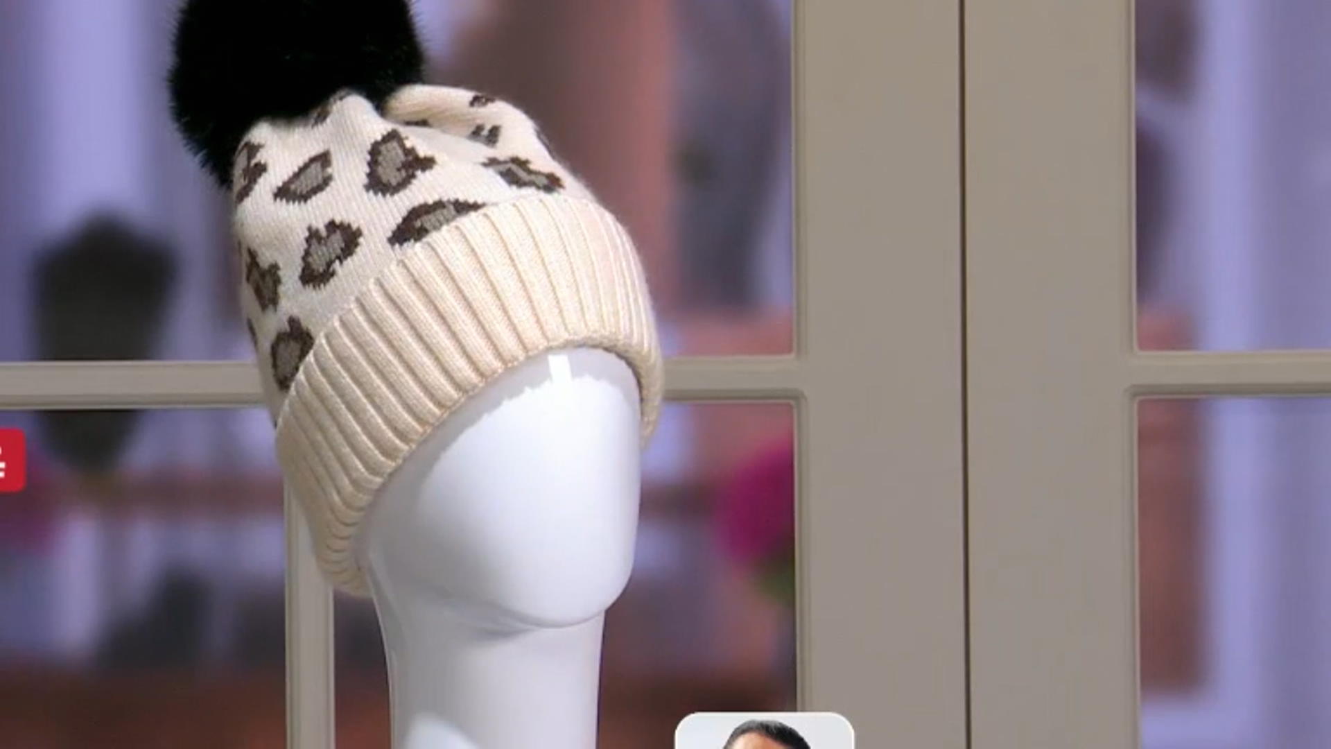 Cream Wool Blend Leopard Hat with Black Pom Video Thumbnail