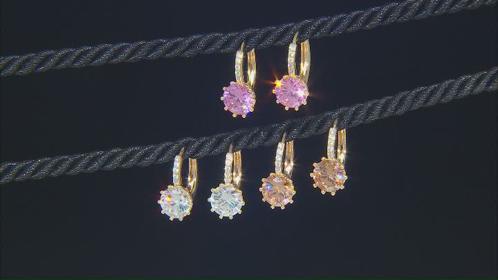 Clear, Champagne, and Pink Cubic Zirconia Set of 3 Gold Tone Earrings 24.60ctw Video Thumbnail