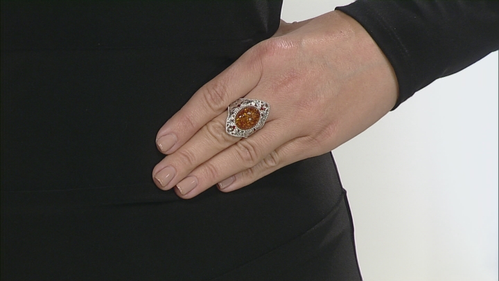 Orange Amber Rhodium Over Sterling Silver Ring .17ctw Video Thumbnail