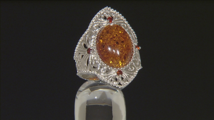 Orange Amber Rhodium Over Sterling Silver Ring .17ctw Video Thumbnail