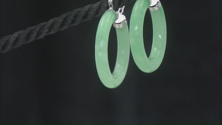 Green Jadeite Rhodium Over Rhodium Over Sterling Silver Hoop Earrings 30x4.5mm Video Thumbnail