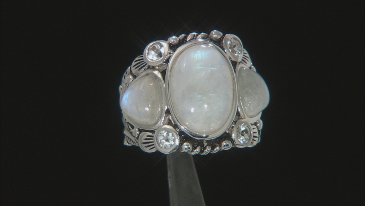 White rainbow moonstone rhodium over sterling silver ring Video Thumbnail
