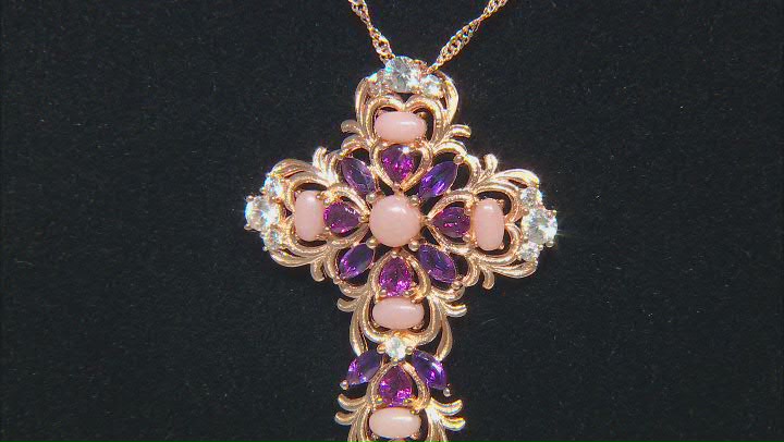 Pink Opal 18k Rose Gold Over Silver Cross Pendant With Chain 3.09ctw Video Thumbnail