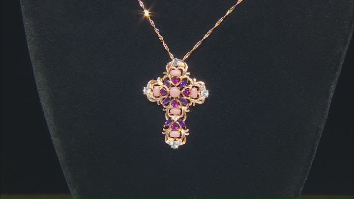 Pink Opal 18k Rose Gold Over Silver Cross Pendant With Chain 3.09ctw Video Thumbnail