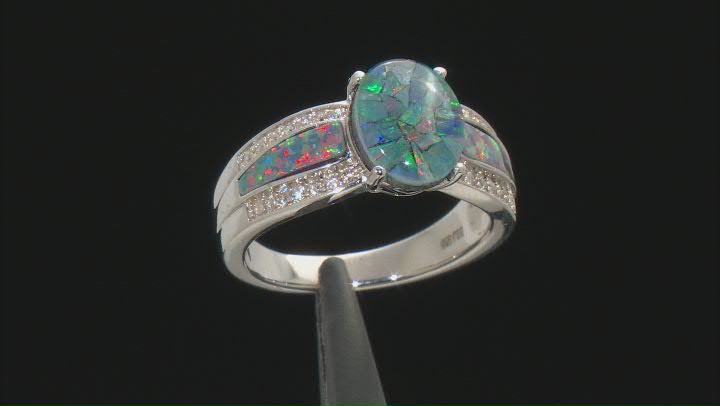 Multi Color Mosaic Opal Triplet Rhodium Over Sterling Silver Ring 0.25ctw Video Thumbnail
