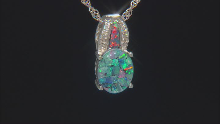 Mutli Color Mosaic Opal Triplet Rhodium Over Silver Pendant With Chain 0.10ctw Video Thumbnail